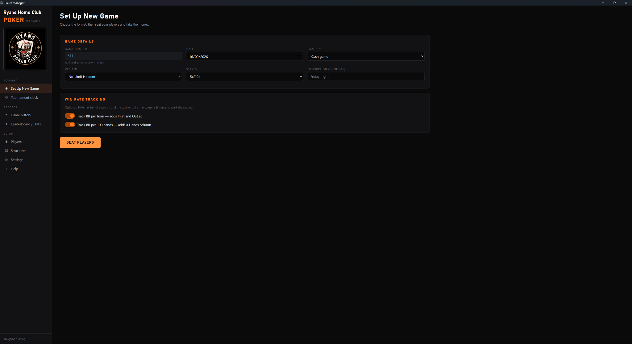 Cash game setup